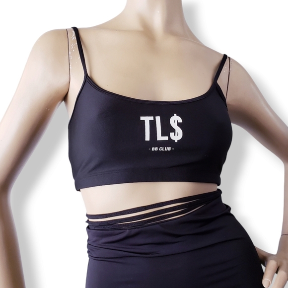 This Is A Love Song Black "TL$ BB Club" Print Criss Cross Waist Tie Crop Top - Picture 9 of 9
